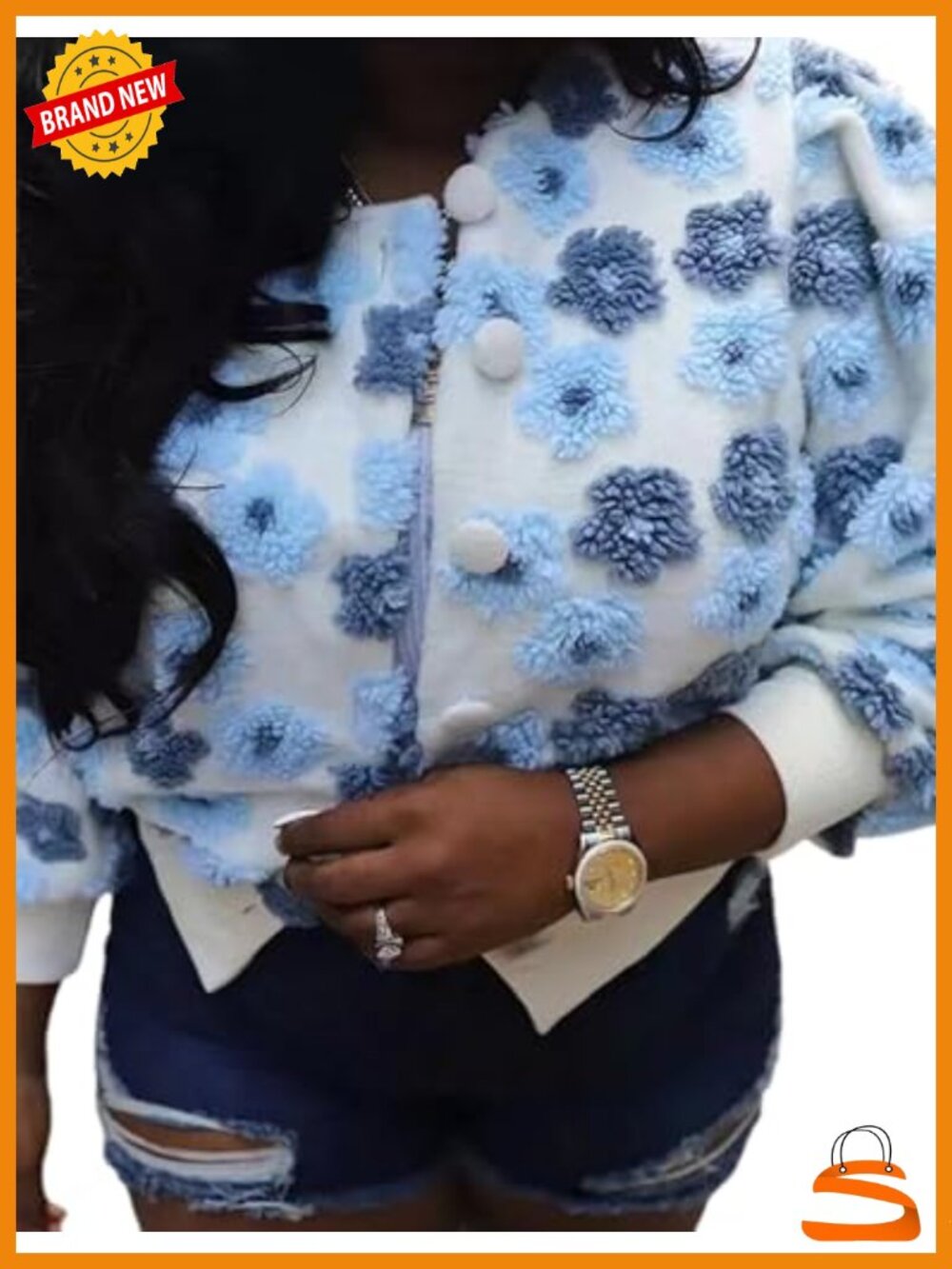 Cropped Floral Fleece Bomber Jacket Puff Sleeve Button Down